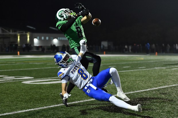 Saint Mary's Moses Alexander (8) breaks up a pass intended for Serra's Brody Smith (8) in the second quarter of their CIF NorCal Division 2-AA Championship game at Saint Mary's High School in Stockton, Calif., on Friday, Dec. 5, 2025. Saint Mary's defeated Serra 31-24. (Jose Carlos Fajardo/Bay Area News Group)