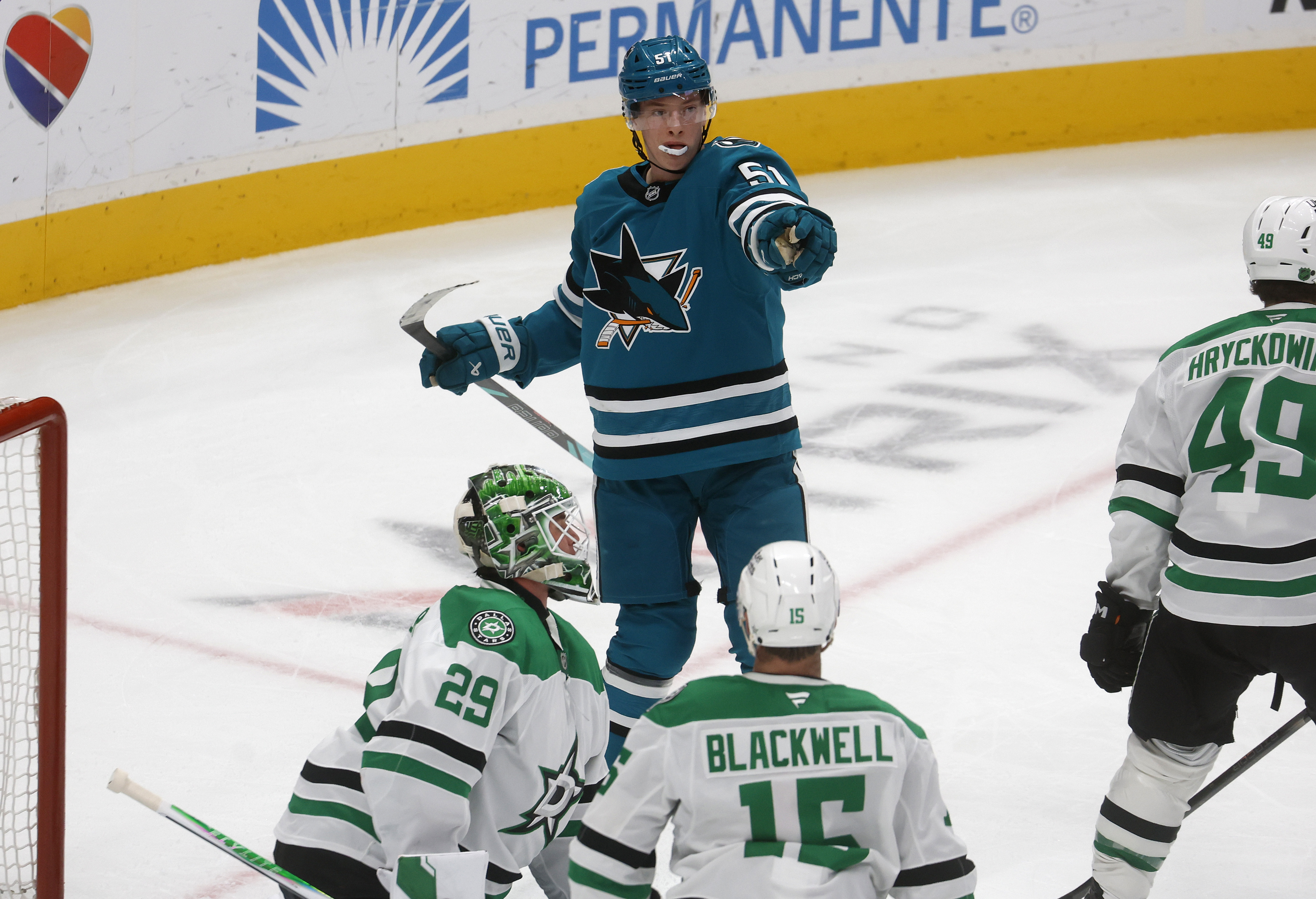 San Jose Sharks’ Collin Graf (51) celebrates his goal against...