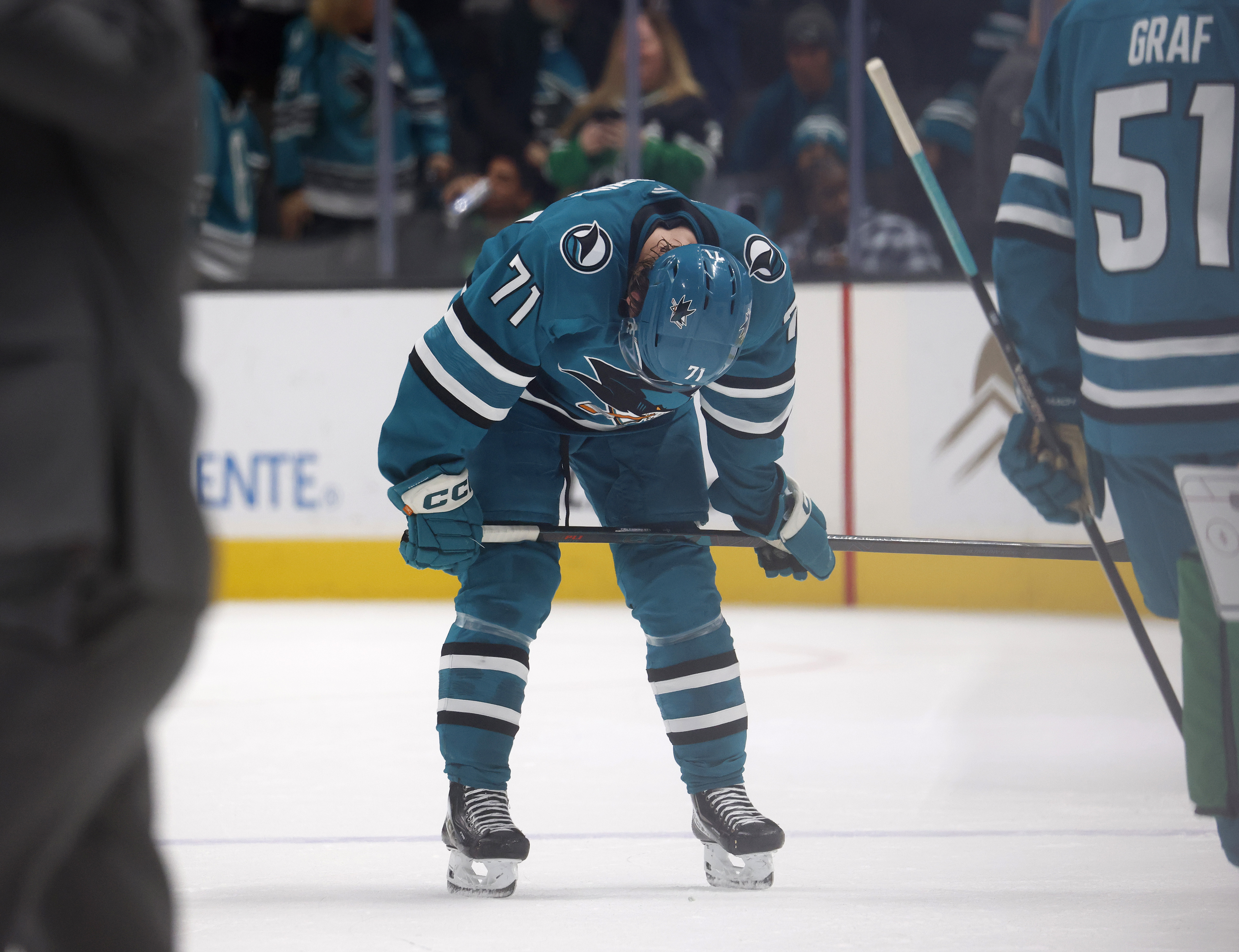 San Jose Sharks’ Macklin Celebrini (71) reacts after their 5-3...