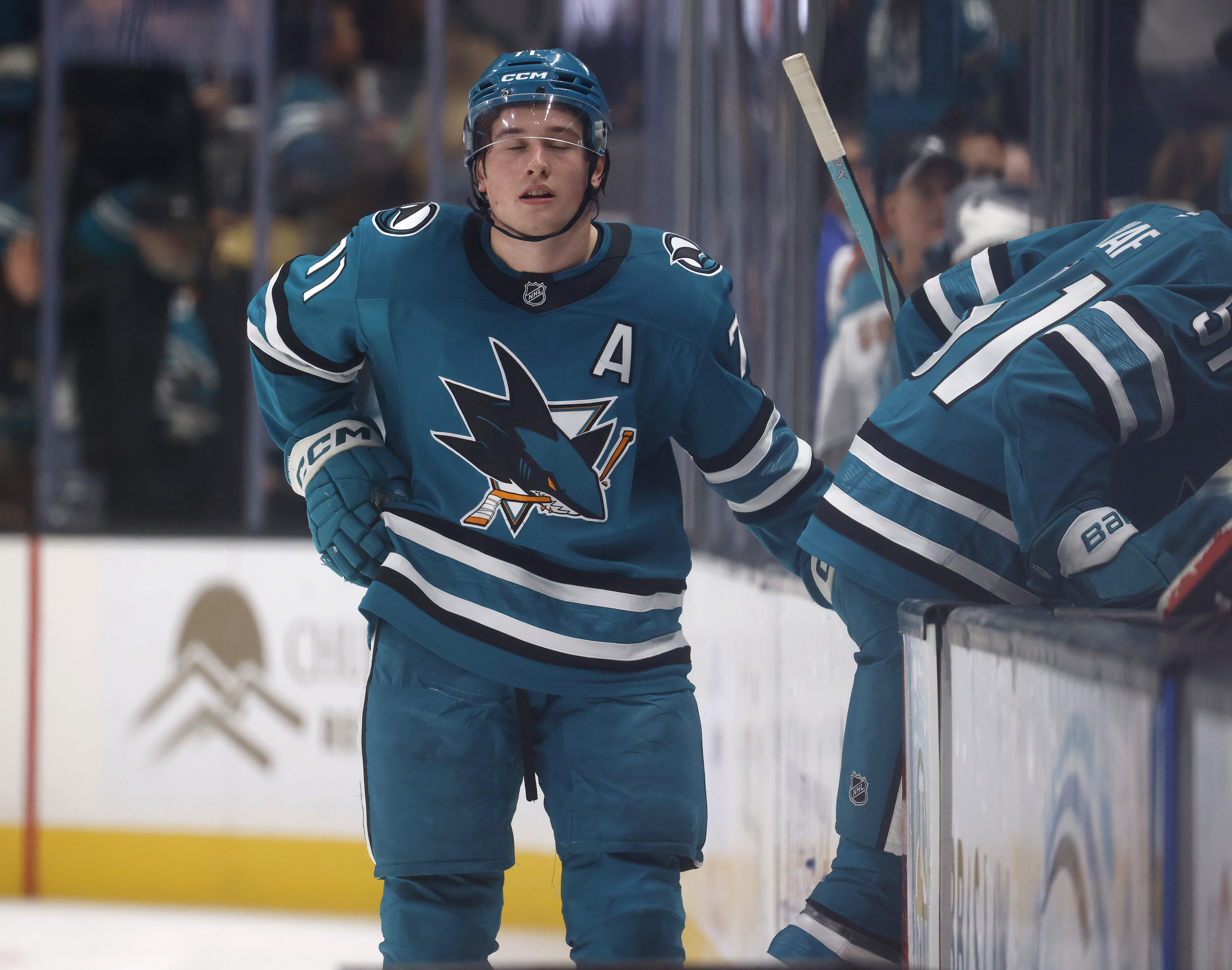San Jose Sharks’ Macklin Celebrini (71) reacts after their 5-3...