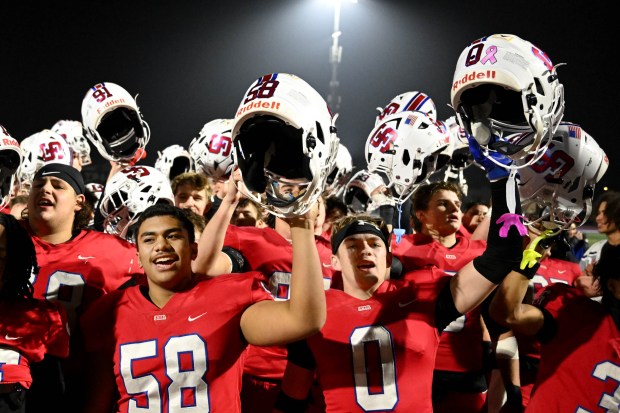 St. Ignatius celebrates a 17-13 victory over Monte Vista, winning the CIF NorCal Division 3-AA championship game at St. Ignatius College Preparatory in San Francisco, Calif., Friday, Dec. 5, 2025. (Karl Mondon for the Bay Area News Group)