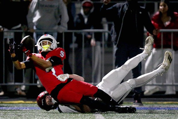 Monte Vista's Caden Boscia #18 is called for a penalty defending St. Ignatius' Zui Shelton #3 in the second half of the CIF NorCal Division 3-AA championship game at St. Ignatius College Preparatory in San Francisco, Calif., Friday, Dec. 5, 2025. (Karl Mondon for the Bay Area News Group)
