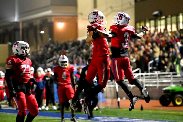 St. Ignatius' Zui Shelton #3 celebrates his touchdown against Monte Vista in the CIF NorCal Division 3-AA championship game at St. Ignatius College Preparatory in San Francisco, Calif., Friday, Dec. 5, 2025. (Karl Mondon for the Bay Area News Group)