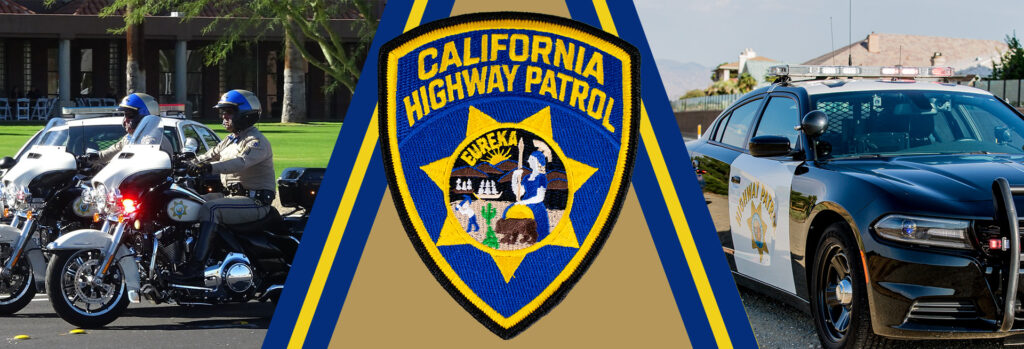 Picture of CHP logo and vehicles, including motorcyle