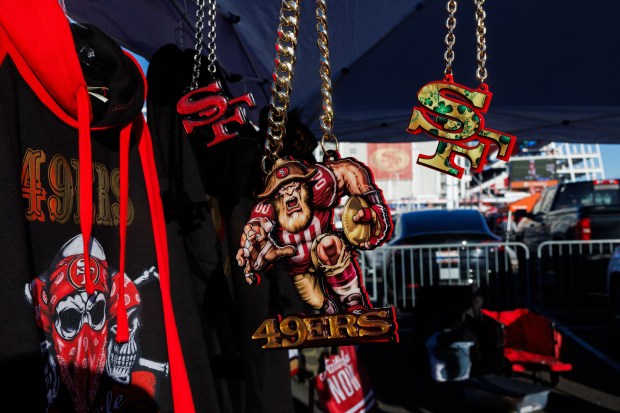 San Francisco 49ers chains hang near a tent while fans tailgate before the Bears play the 49ers on Sunday, Dec. 28, 2025, at Levi's Stadium in Santa Clara, Calif. (Armando L. Sanchez/Chicago Tribune)
