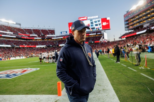 Coach Ben Johnson walks to the locker room before the Bears play the 49ers on Sunday, Dec. 28, 2025, at Levi's Stadium in Santa Clara, Calif. (Armando L. Sanchez/Chicago Tribune)