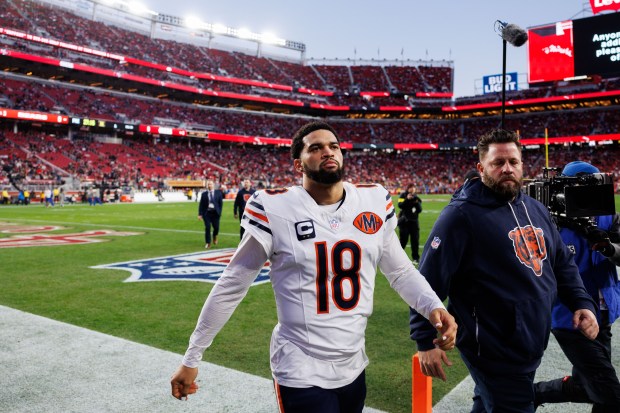 Bears quarterback Caleb Williams walks to the locker room before playing the 49ers on Sunday, Dec. 28, 2025, at Levi's Stadium in Santa Clara, Calif. (Armando L. Sanchez/Chicago Tribune)