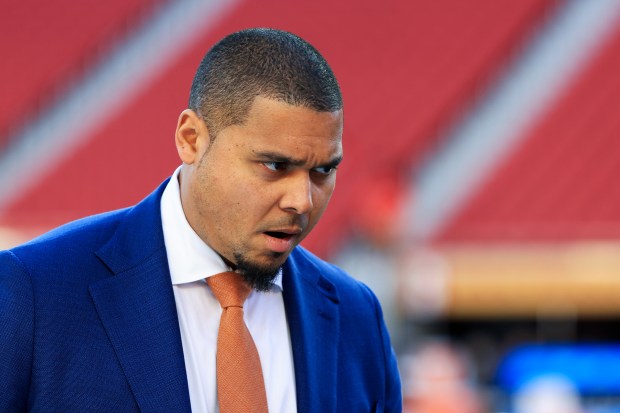 Bears general manager Ryan Poles arrives for a game against the 49ers on Sunday, Dec. 28, 2025, at Levi's Stadium in Santa Clara, Calif. (John J. Kim/Chicago Tribune)
