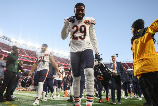 Bears cornerback Tyrique Stevenson shows off his oral jewelry before a game against the 49ers on Sunday, Dec. 28, 2025, at Levi's Stadium in Santa Clara, Calif. (John J. Kim/Chicago Tribune)
