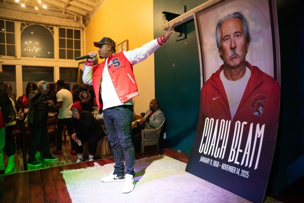 Former student athlete Joe Bates memorializes coach John Beam during a service at Everett and Jones restaurant in Oakland, CA on Friday, December 4, 2025. Beam, a coach at Laney College and Skyline High School, was killed on the Laney campus in November. (Don Feria for Bay Area News Group)