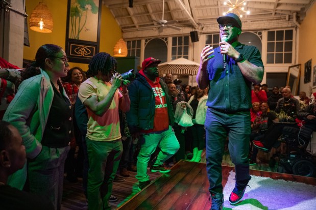 Former NFL running back Deon Strother memorializes coach John Beam at Everett and Jones restaurant in Oakland, CA on Friday, December 4, 2025. Beam, a coach at Laney College and Skyline High School, was killed on the Laney campus in November. (Don Feria for Bay Area News Group)