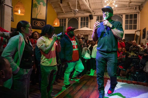 Former NFL running back Deon Strother memorializes coach John Beam at Everett and Jones restaurant in Oakland, CA on Friday, December 4, 2025. Beam, a coach at Laney College and Skyline High School, was killed on the Laney campus in November. (Don Feria for Bay Area News Group)