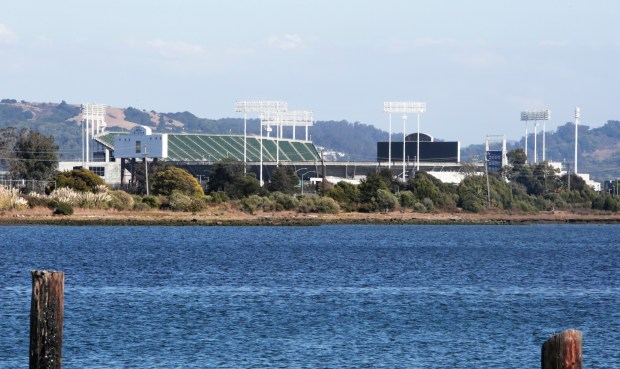 For decades, the Oakland Coliseum has quietly discharged thousands of gallons of water into a slough that flows to San Leandro Bay seen here on Friday, Sept. 19, 2025 in Oakland, Calif., without a permit according to stadium officials. (Laura A. Oda/ Bay Area News Group)