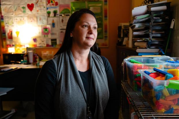 Katie Strange sits for a portrait at Simpsonville Elementary School, Nov. 18, 2025, in Simpsonville, Ky. (AP Photo/Jon Cherry)