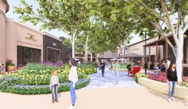 an artist's rendering of an outdoor shopping center