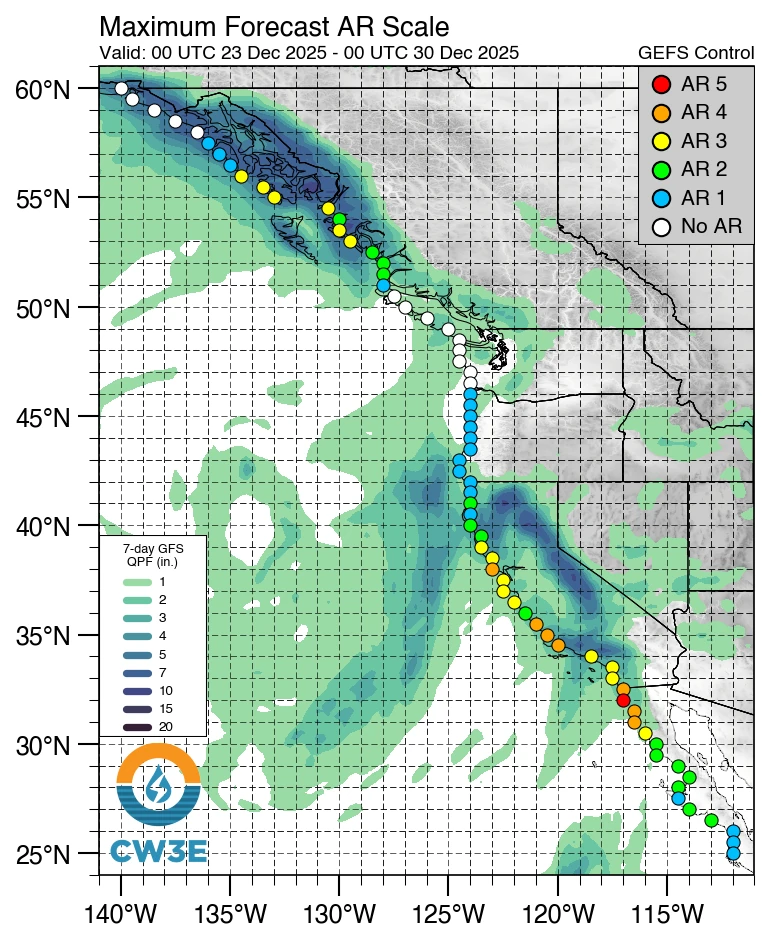 GEFS_ARScaleMap_Forecast_Control_coast December 23 to 30 2025