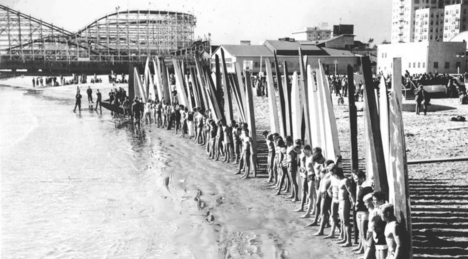The line up of surfing competitors in the championships held...