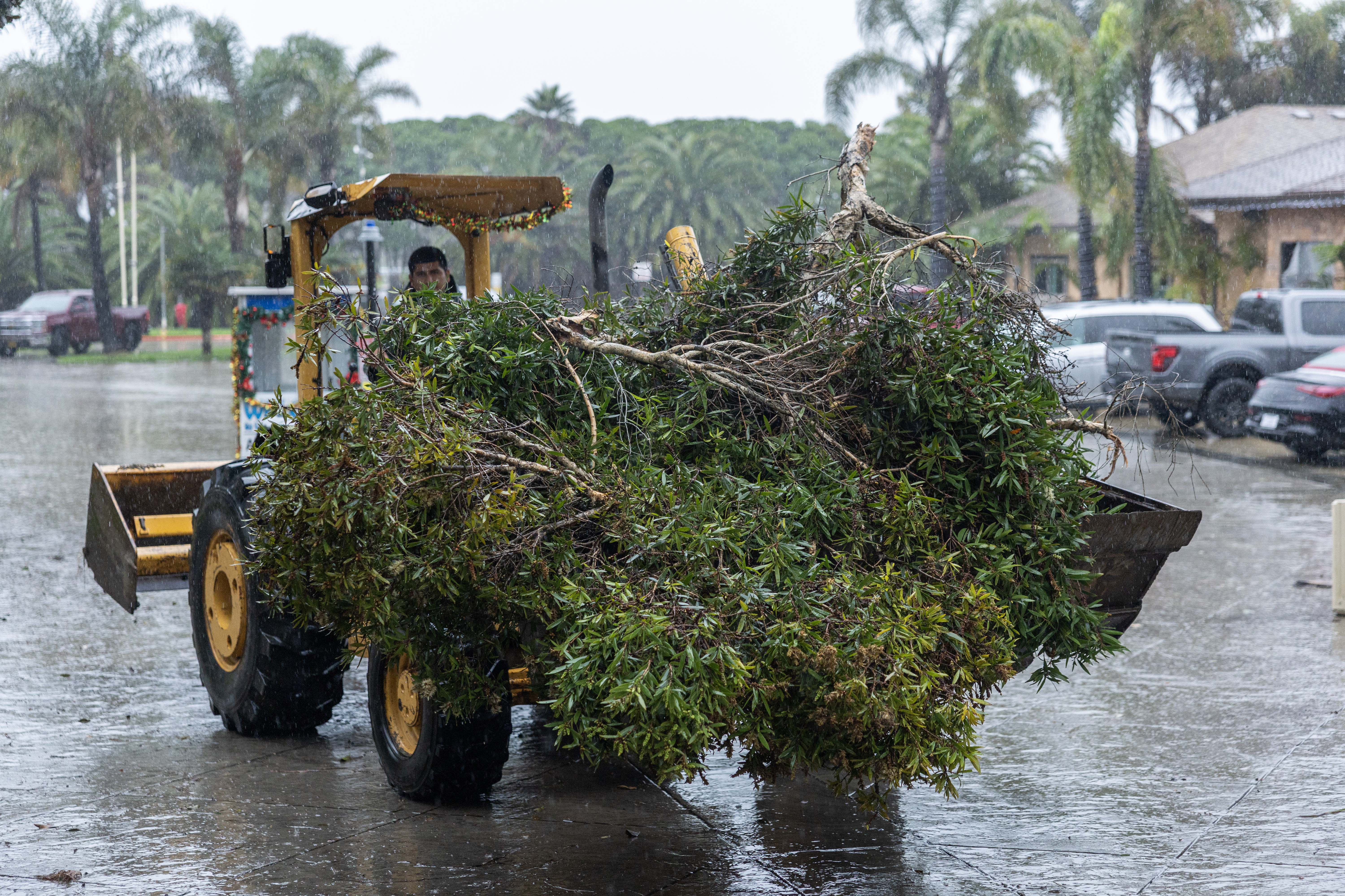 VENTURA, CA – DECEMBER 24: Workers clean up fallen debris at Ventura Beach RV Resort in Ventura, CA on Wednesday, Dec. 24, 2025. The resort was under an evacuation order as a precaution. In 2023, the site flooded with hip-deep water from nearby Ventura River. (Myung J. Chun / Los Angeles Times via Getty Images)