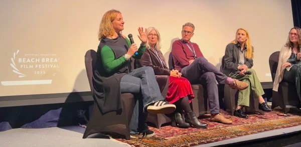 Dr. Sara Gianella Weibel speaks about "The Last Gift: Jim's Courage" at the Beach Break Film Festival in Half Moon Bay on Dec. 28. (Emma Weibel)