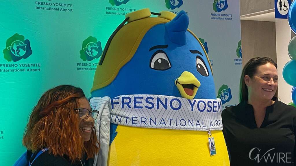 Gordo, the Fresno Yosemite International Airport mascot, greets visitors to the new terminal