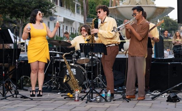 The Honeytones, one of the performers in The Arcades music festival at UC San Diego, feature Eva Baffin on vocals, Michael McLaughlin on saxophone, Silas Sick on drums, Christian Florendo on trumpet, Landon Willis on bass and Addison Salbato on keyboards. (Provided by Michael McLaughlin)