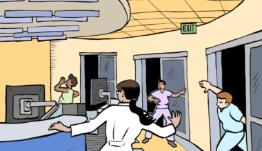 Four people in scrubs and lab coats react with alarm in a hospital or clinic reception area, some moving toward exits labeled "EXIT.