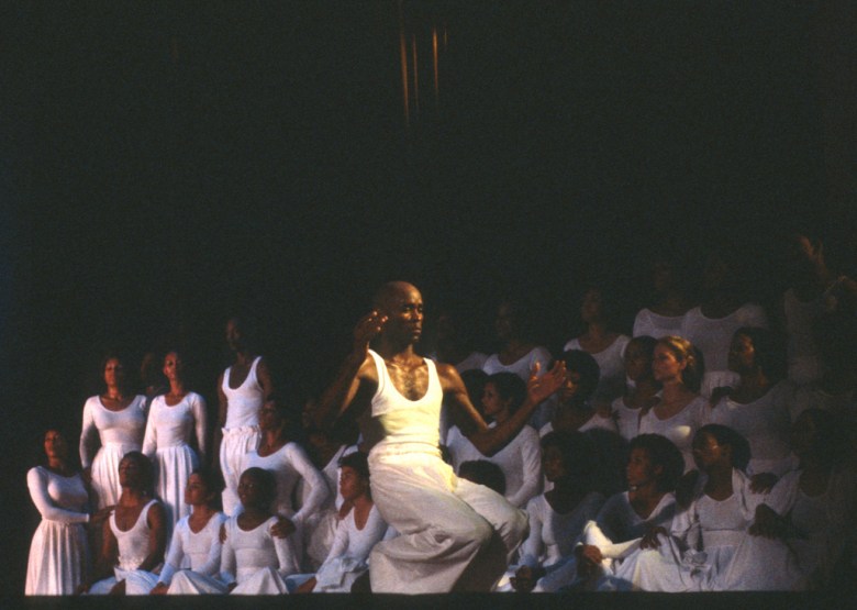 An undated photo of Danny Scarborough, SDSU's legendary dance professor , with his dance troupe behind him. (Photo courtesy SDSU/Daniel E. Walker)