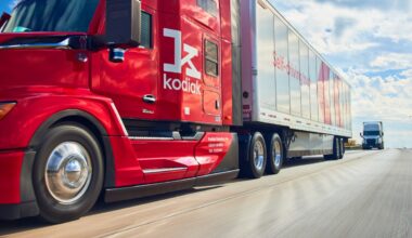 Kodiak Robotics red self-driving truck on highway