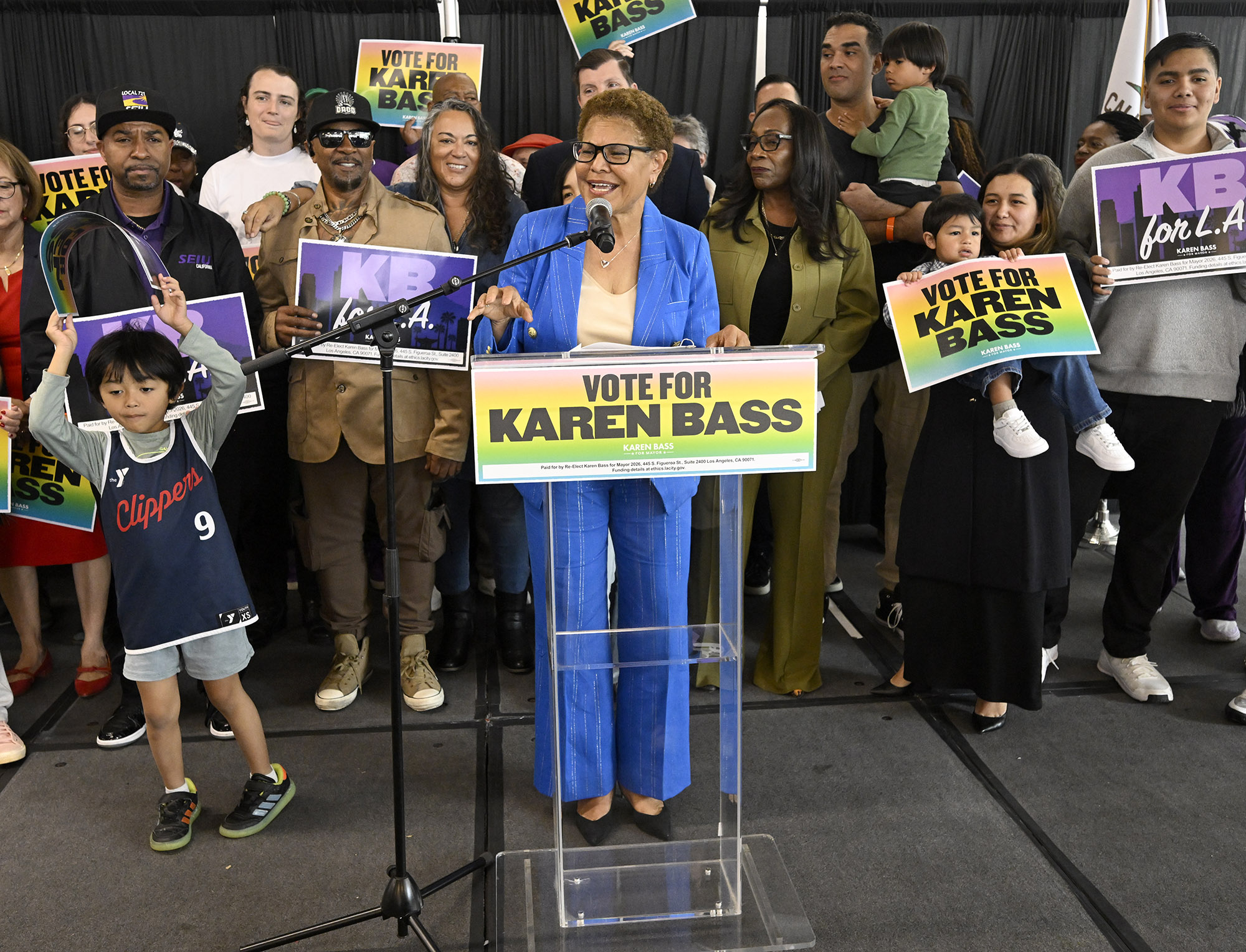 Los Angeles Mayor Karen Bass held a rally to announce...