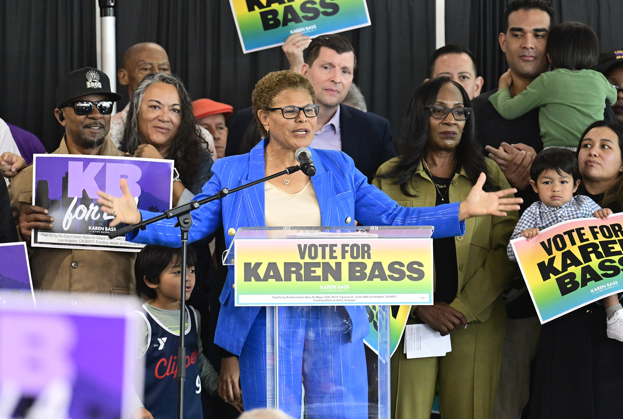 Los Angeles Mayor Karen Bass held a rally to announce...