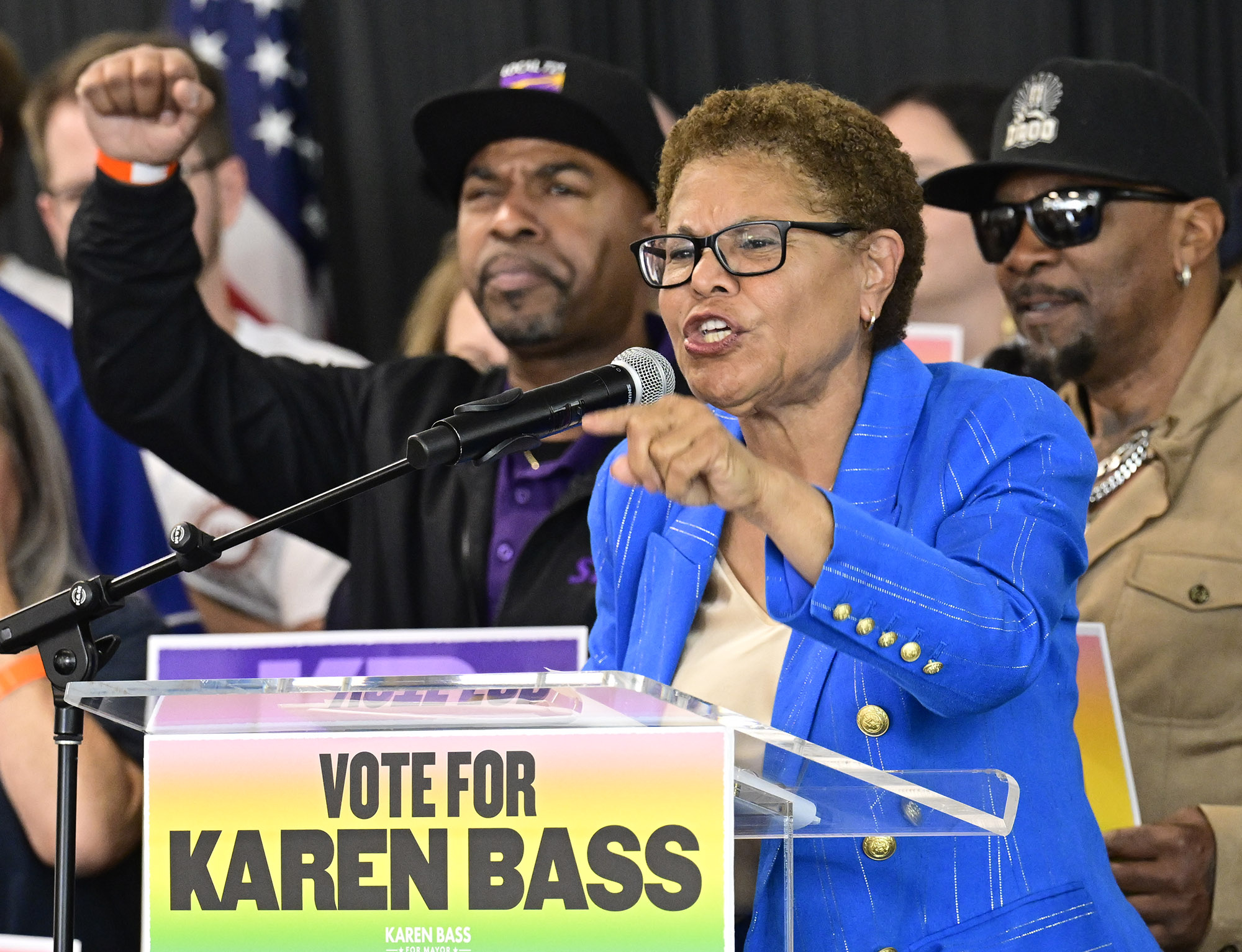 Los Angeles Mayor Karen Bass held a rally to announce...