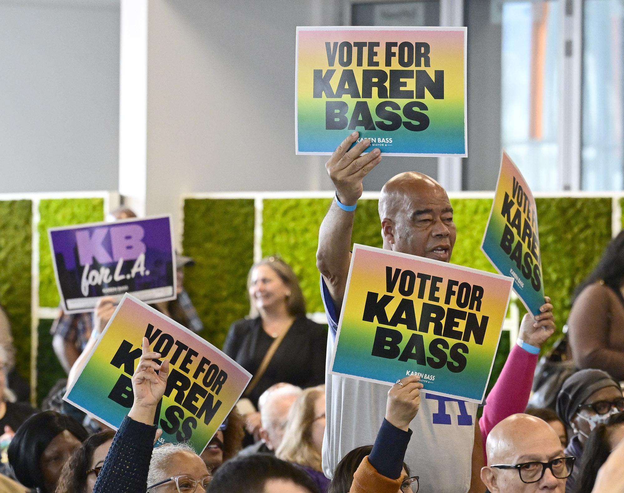 Los Angeles Mayor Karen Bass held a rally to announce...