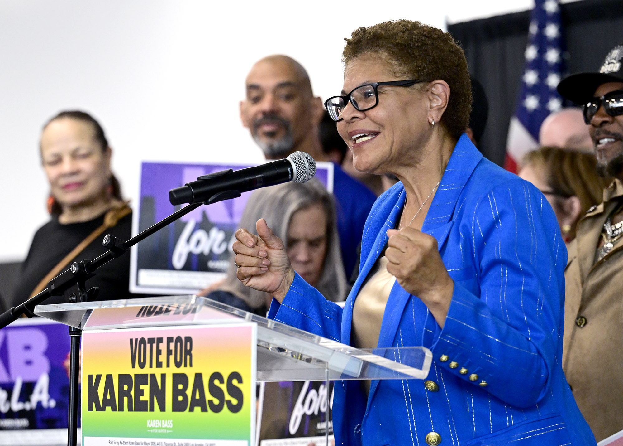 Los Angeles Mayor Karen Bass held a rally to announce...