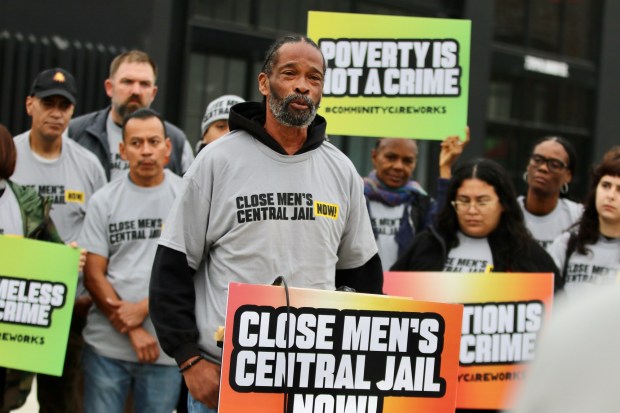 James Nelson, a former inmate at Men's Central Jail, addresses the media during the rally in downtown Los Angeles in October. (Photo by Howard Freshman, Contributing Photographer)
