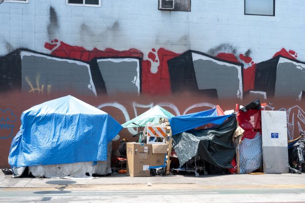 A homeless encampment along Sixth Street near the downtown LA Arts District is seen on Monday, July 14, 2025. (Photo by David Crane, Los Angeles Daily News/SCNG)