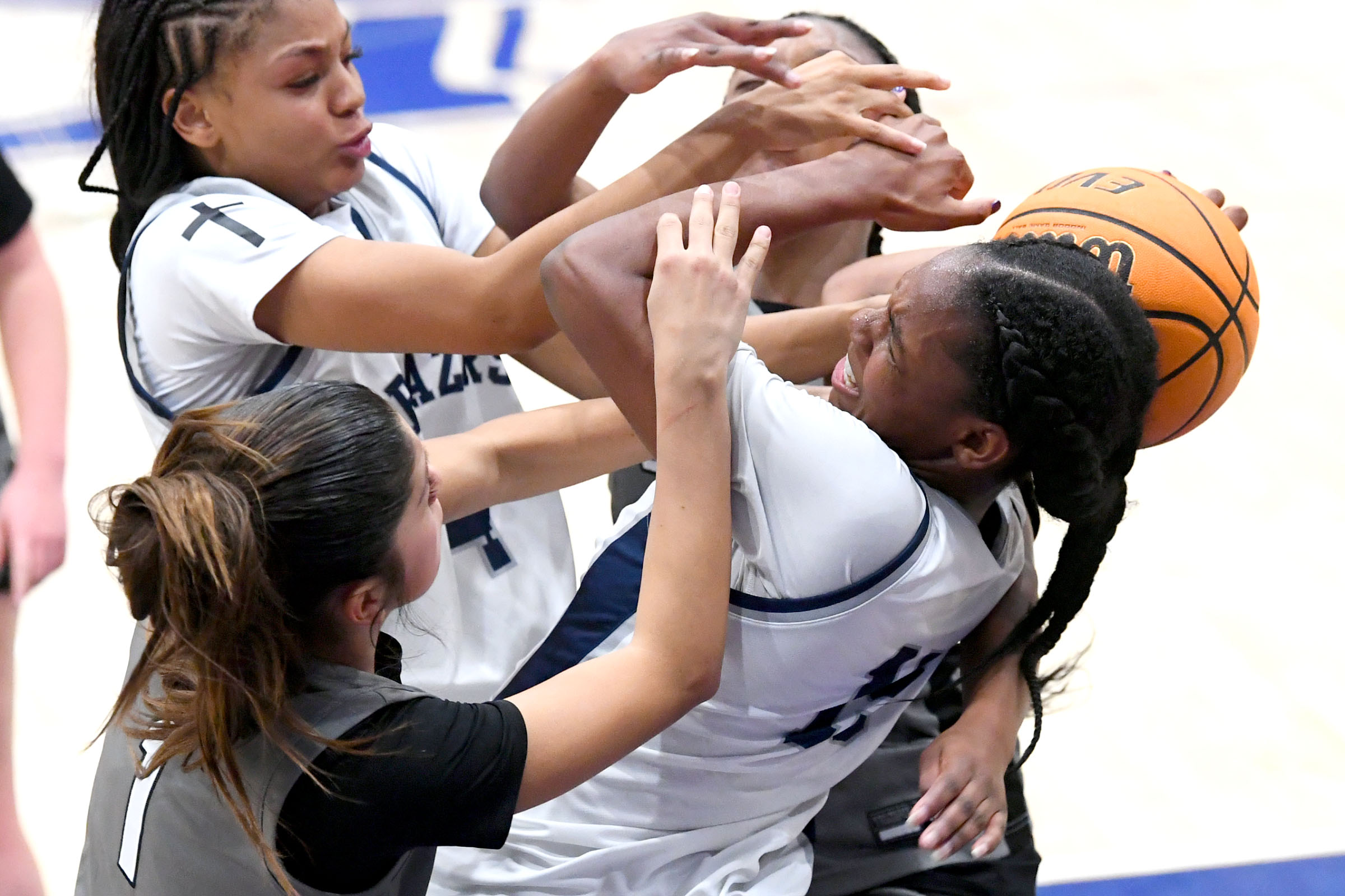 Sierra Canyonâs Payton Montgomery (15) battles for a rebound during...