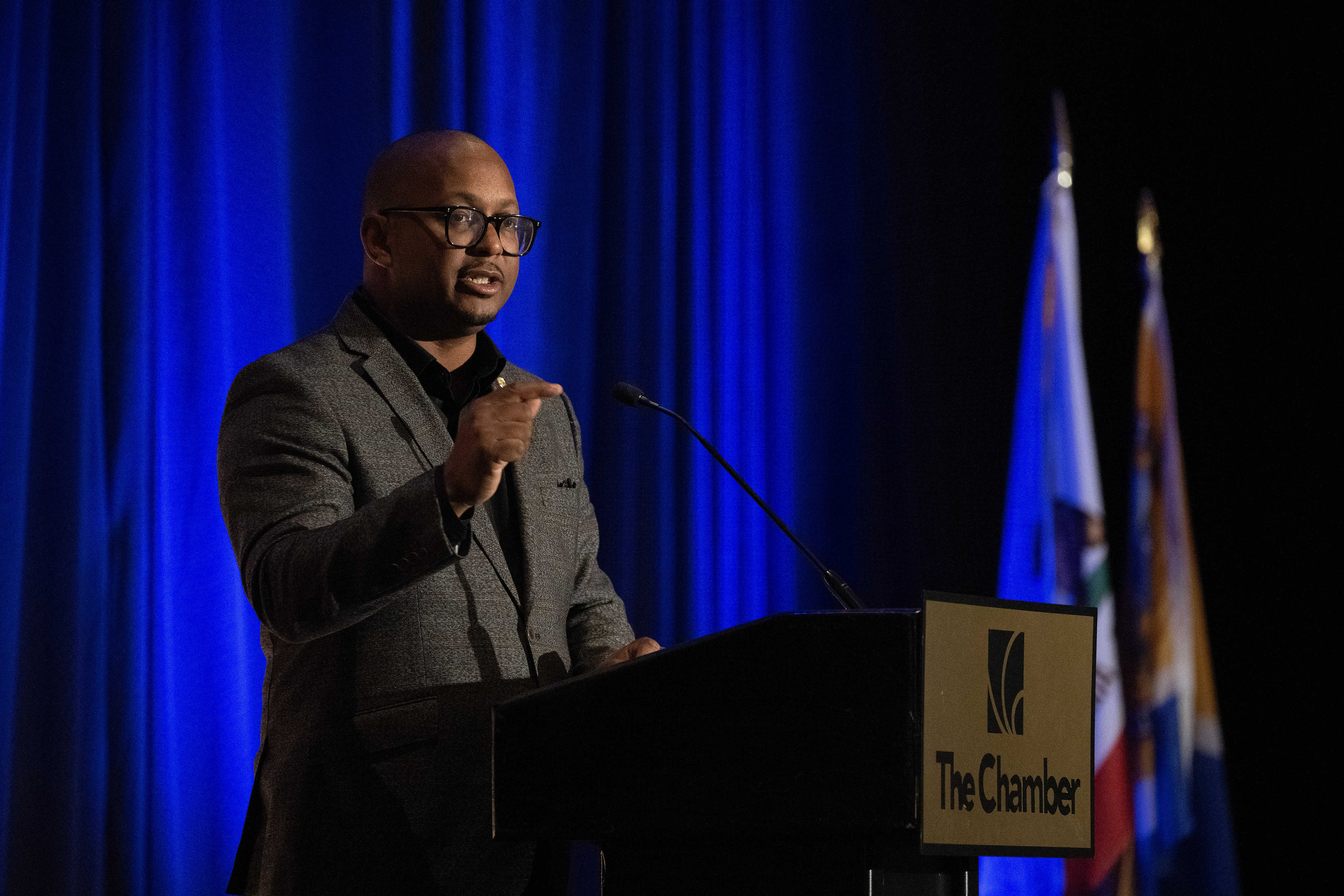 Mayor Rex Richardson speaks during the Long Beach Area Chamber...
