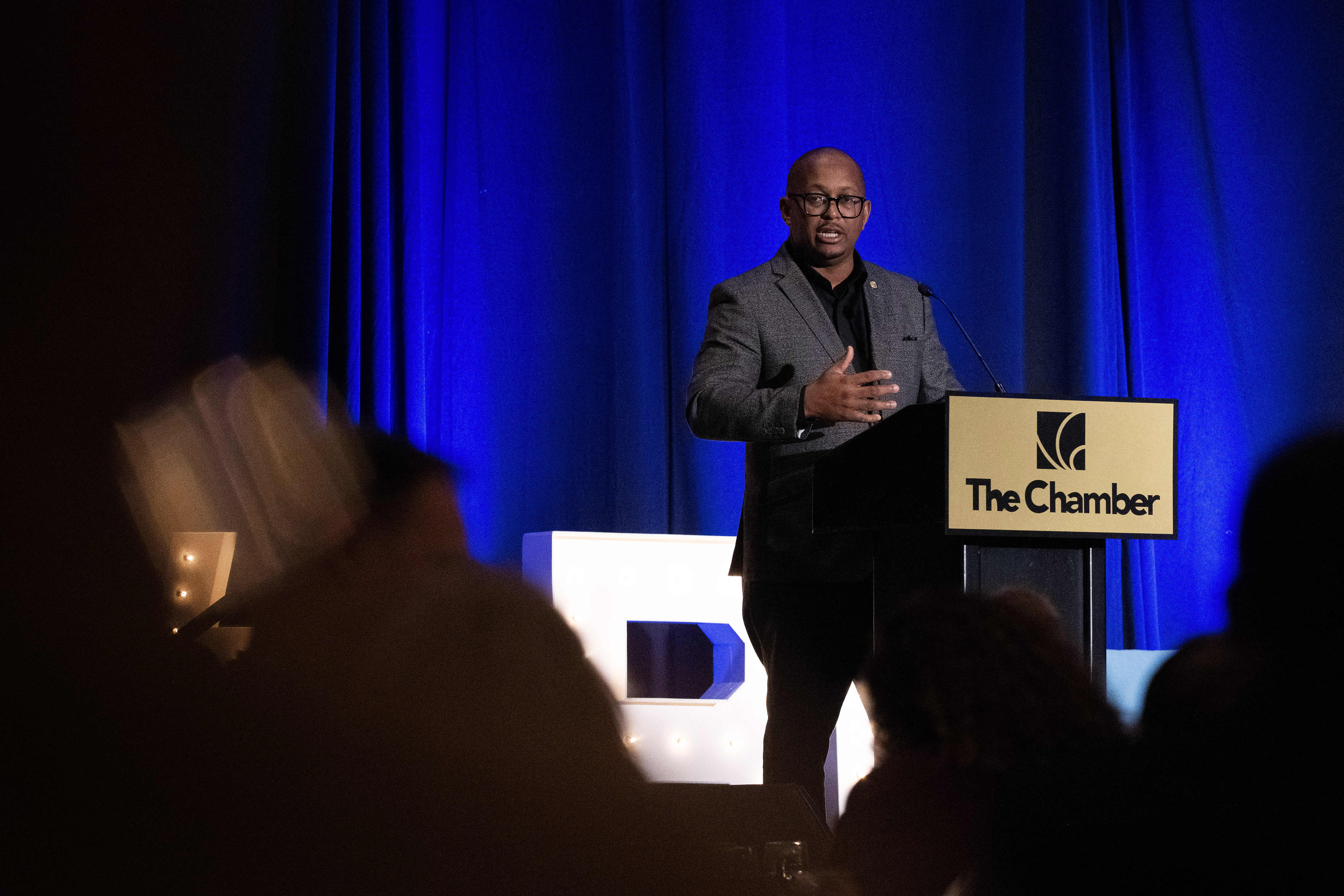 Mayor Rex Richardson speaks during the Long Beach Area Chamber...