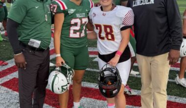 NCAA football history was made this year when Head Coach fromMississippi Valley State, Terrell Buckley and Head Coach Desmond
Gumbs both had starting kickers that were women. This picture was
taken after the game.