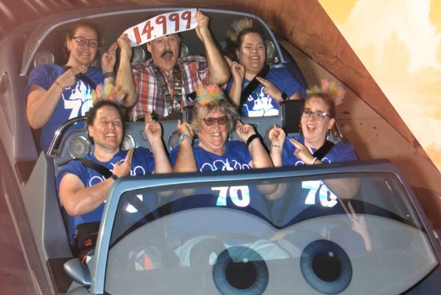Radiator Springs Racers record-holder Jon Hale marks his 14,999th ride on the Cars Land attraction at Disney California Adventure. (Courtesy of Jon Hale)