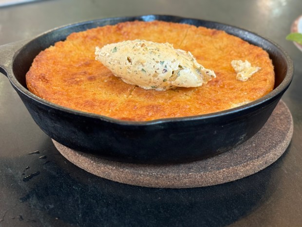Cornbread with queso oaxaca and roasted poblano pepper at Vaquera in San Juan Capistrano. (Photo by Brock Keeling, Orange County Register/SCNG)