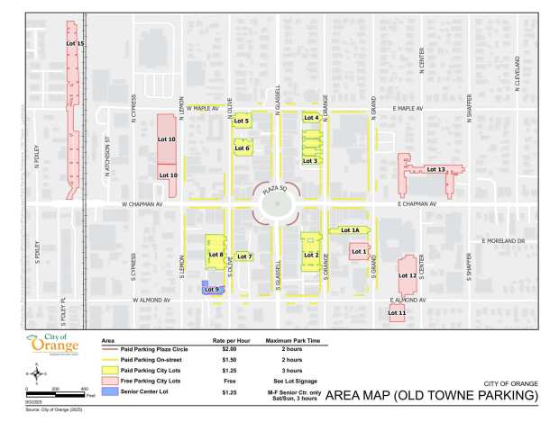 Parking costs range from $1.25 to $2.00 per hour depending on location, with a maximum stay of three hours.(Courtesy of City of Orange)