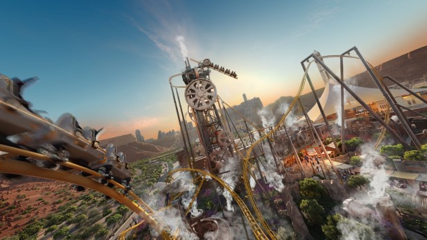 Concept art of the Iron Rattler tilt coaster in the Steam Town themed land Six Flags Qiddiya in Saudi Arabia opening in late 2025. (Courtesy of Qiddiya)