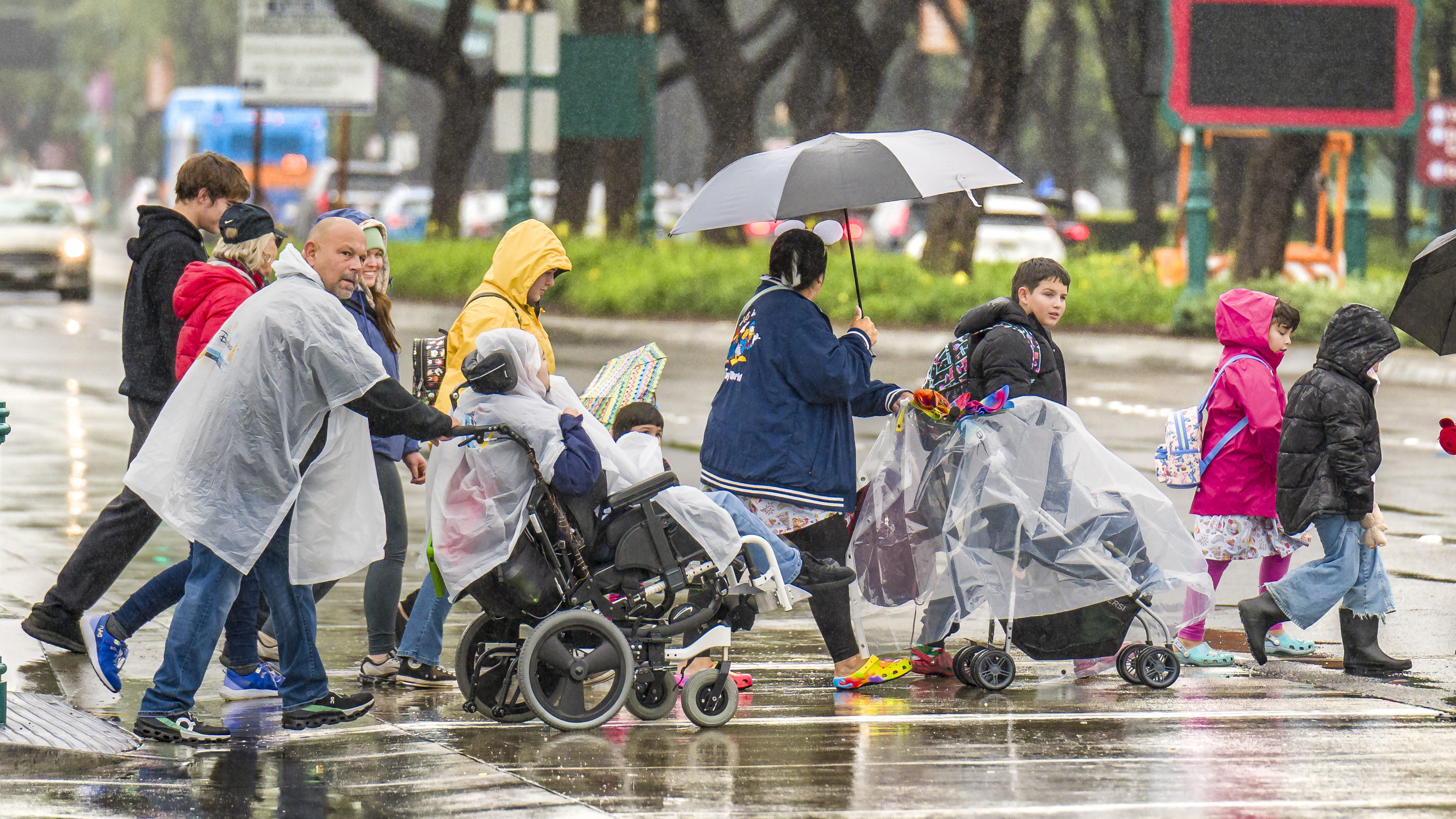 Visitors to Disneyland arrive prepared for rain as they cross...