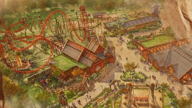 Concept art showing an aerial view of the Valgard: Realm of the Vikings themed land coming to Paultons Park in the United Kingdom. (Courtesy of Paultons Park)