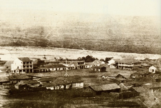 One of the earliest photos of Old Town San Diego, looking southwest toward Point Loma across the wide arroyo of the San Diego River and Dutch Flats in 1869. (J. Henfield / Courtesy of California State Library)
