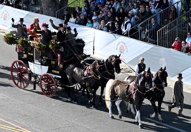 Members of the Scripps Miramar Ranch wave to the crowd as they travel down Orange Grove Boulevard during the 136th Rose Parade in Pasadena on Wednesday, Jan. 1, 2025. (Photo by Libby Cline-Birmingham, Contributing Photographer)