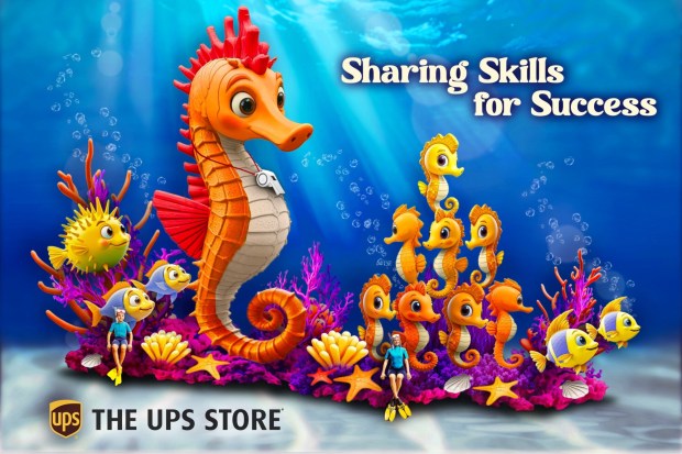 A rendering of "Sharing Skills for Success," The UPS Store's entry to the 137th Rose Parade features animatronic seahorses, the tallest of which could qualify for a Guinness World Record on Dec. 31. (Photo courtesy of AES)