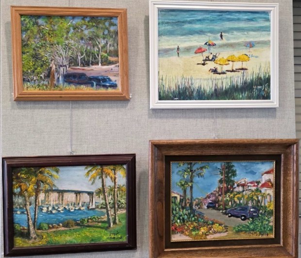 Young Min Jo's artwork for his "Late Autumn in San Diego" exhibit at the Pacific Beach/Taylor Library, which includes a painting of the San Diego-Coronado Bridge. (Courtesy of Young Min Jo)