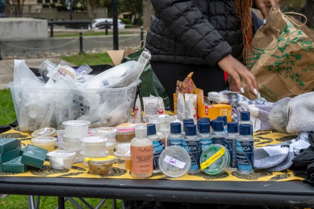 Hygiene products the Poor people’s campaign put together to giveaway Sacramento’s Unhoused Community, Sunday, November 30, 2025. Russell Stiger Jr., OBSERVER
